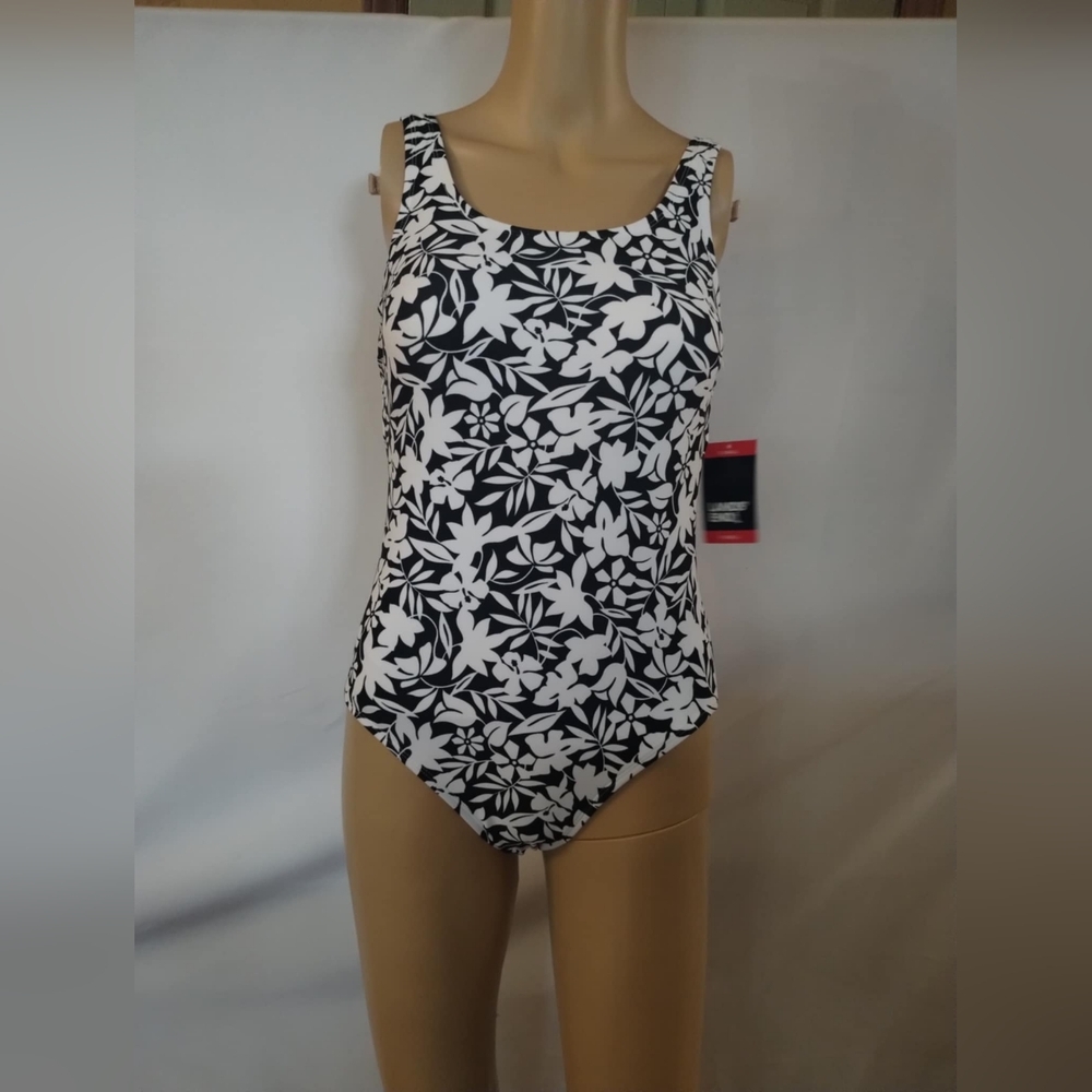 New Lands' End Women's Black And White Floral Swimwear, Bathing Suit, T2K